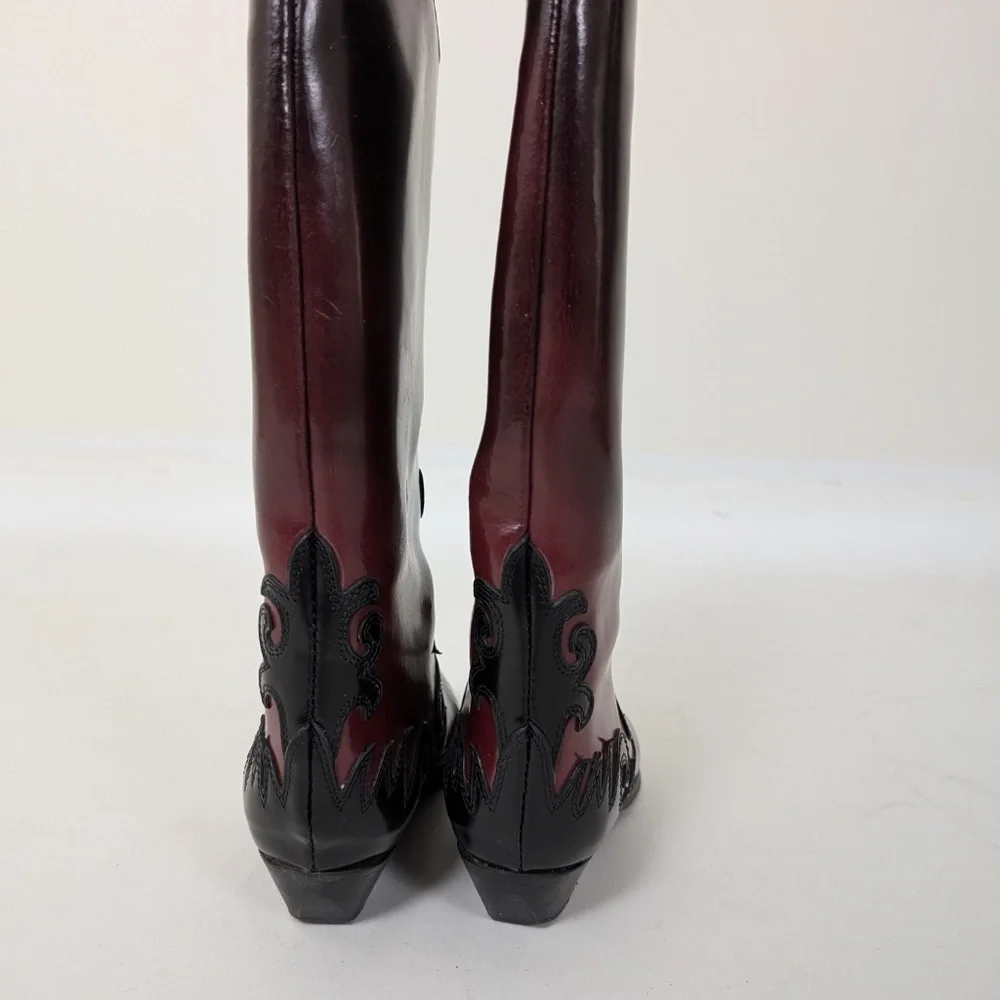 Pleather Ombre Boots Western Faux Leather PVC Round Toe Maroon Burgundy - Picture 4 of 10